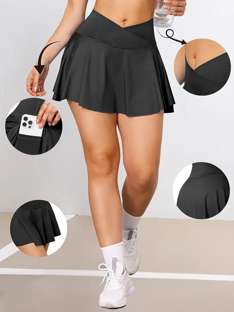Womens Tennis Skirt with Pockets Crossover High Waisted Athletic Golf Skorts Running Workout Skirts 2 in 1 Fashion Streetwear