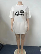 Women's Summer Casual Queen Print Loose Size Round Neck Short Sleeve T-shirt Dress