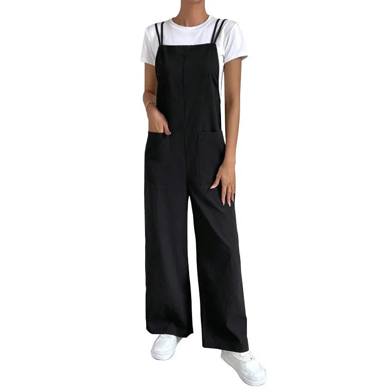 European and American Suspender Jumpsuit Women's 2024 Summer New Fashion Casual Solid Long Wide Leg Women Overalls Jumpsuit
