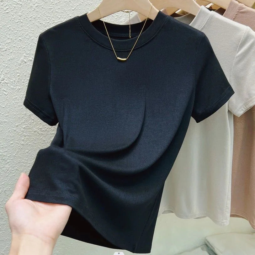 Women's Elastic Crew Neck T-Shirt Solid Ribbed Tops Pink Short Sleeve Tight Bottom Basic Shirt Casual Sexy Slim Summer Tops Tee
