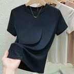 Women's Elastic Crew Neck T-Shirt Solid Ribbed Tops Pink Short Sleeve Tight Bottom Basic Shirt Casual Sexy Slim Summer Tops Tee