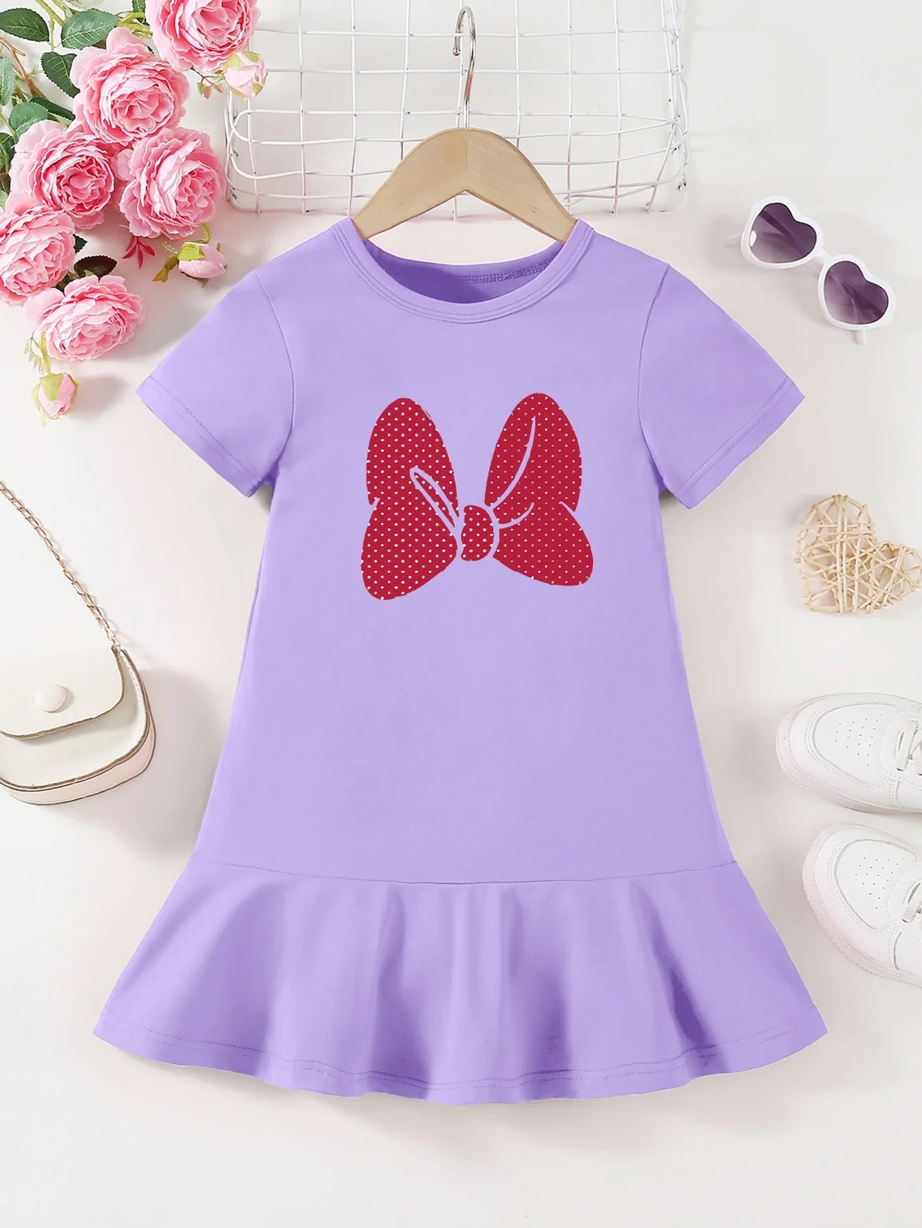 Girls' summer comfortable pattern printed ruffle edge dress, fashionable solid color versatile, suitable for outdoor leisure