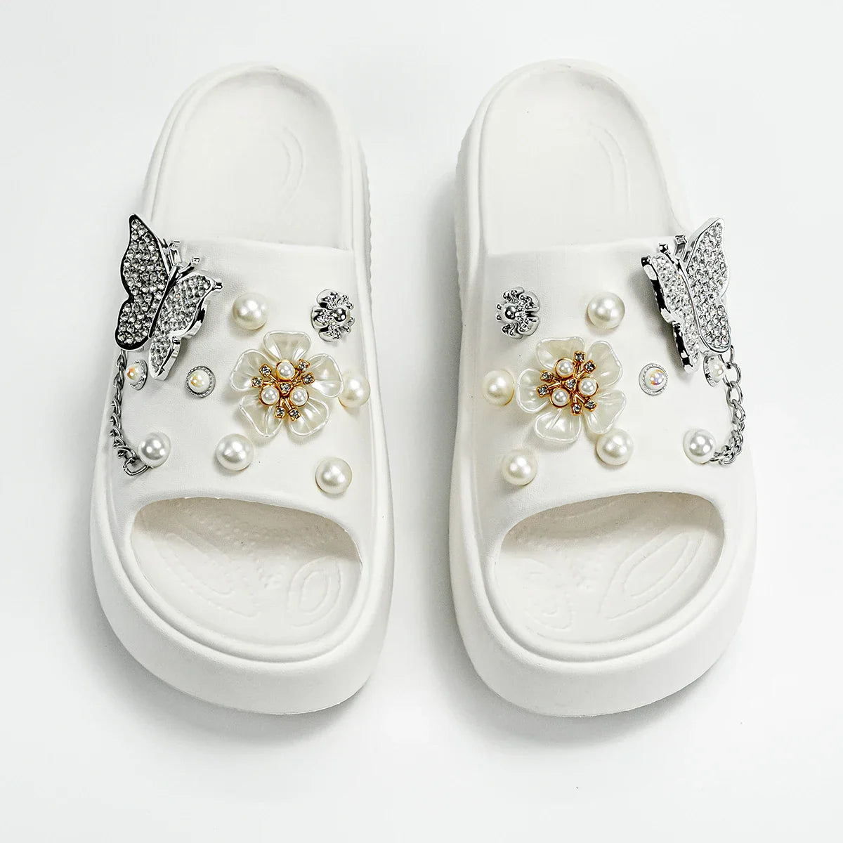 Fashionable Silver Butterfly Flower One-Line Sandals Outdoor Thick-Soled Heightening Sandals E20