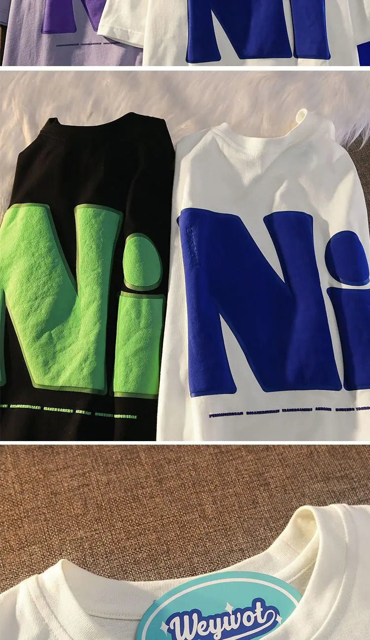 Lovers Short-sleeved Cotton Printed Pattern Casual Loose T-shirt All-match High Street Vintage Half-sleeved Top O Neck Pullover