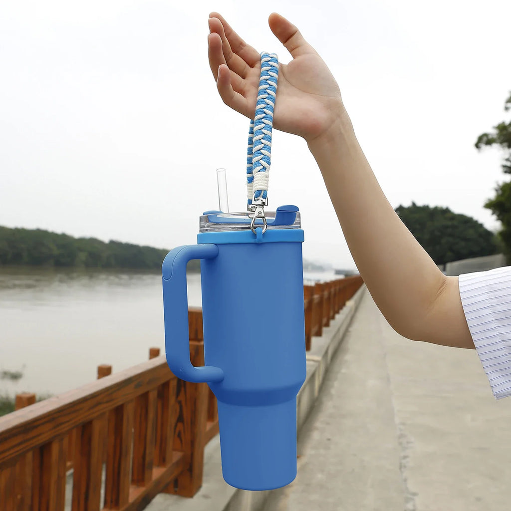 Water Bottle Handle Strap Handmade Flower 16-40oz Tumbler Silicone Safety Ring Cotton Rope Flower Durable Water Bottle Strap