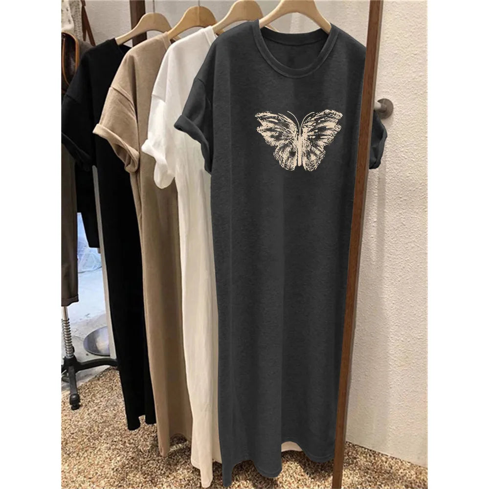 Summer Short Sleeved Dress Women's Korean Ins Butterfly Print Oversized Loose Round Neck Dress