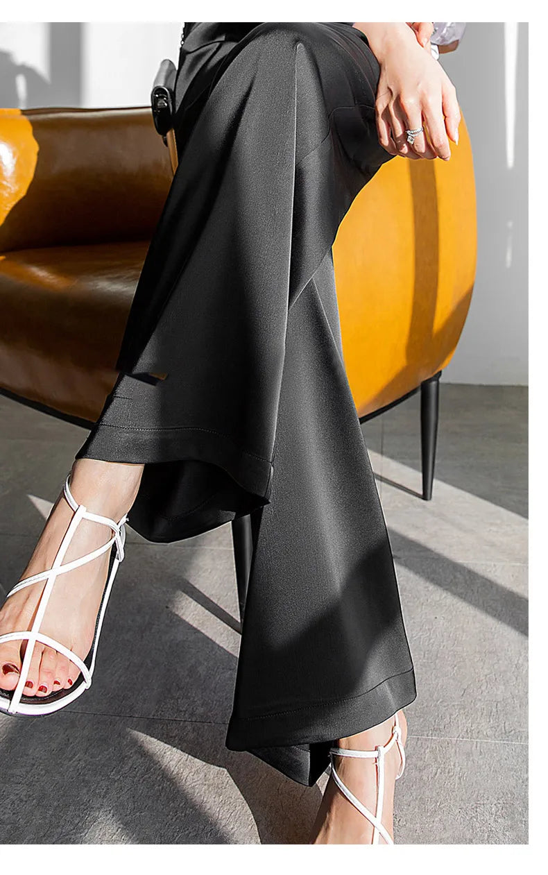 Garemay Summer Autumn Women's Pants Loose Solid Classic Black Straight High Waist Casual Silk Satin Wide Leg Trousers for Women
