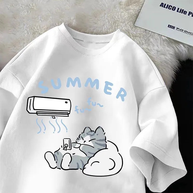 Summer Japanese Cartoon Cute Cat Fun Print Short Sleeve T-shirt Women's Loose Casual Half Sleeve Soft Bottom Plus Size Shirt Top