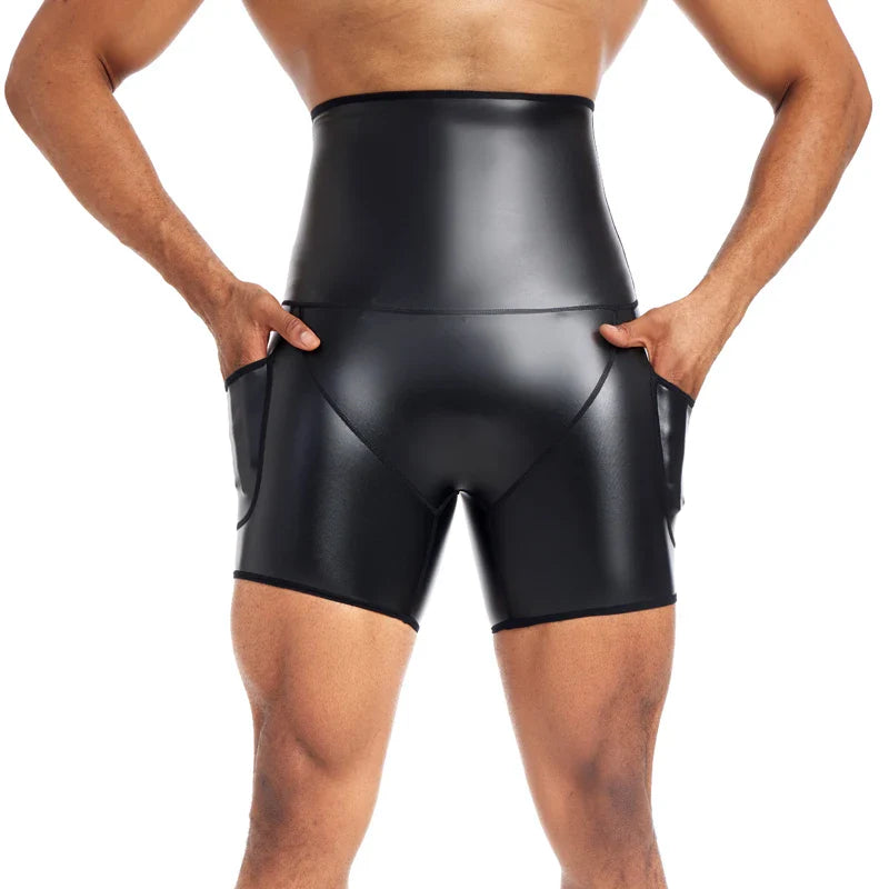 Men`s High Waist Shorts Street Runnings Sports Pants Hip Hop Pants Faux Leather Boxer Shorts Wet Look Shorts Slim Pants Clubwear