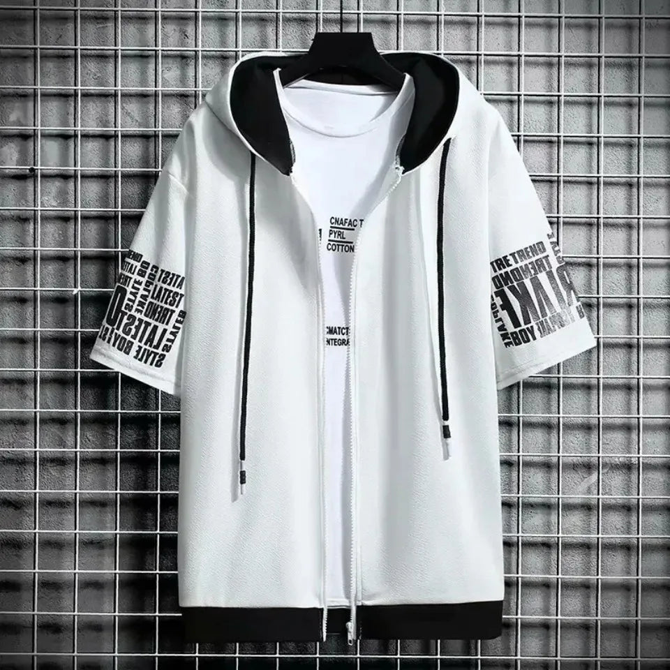 Fashion Men's Hoodies Summer Men Clothing T-shirt Zipper Hood Cartoon Casual T Shirt Print Hooded Top Short Sleeve Men