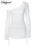 Dulzura Solid Skew Collar Ruched Straps Lace-Up See Through Draw String Mini Dress 2023 Summer  Women Party Clubwear Wholesale