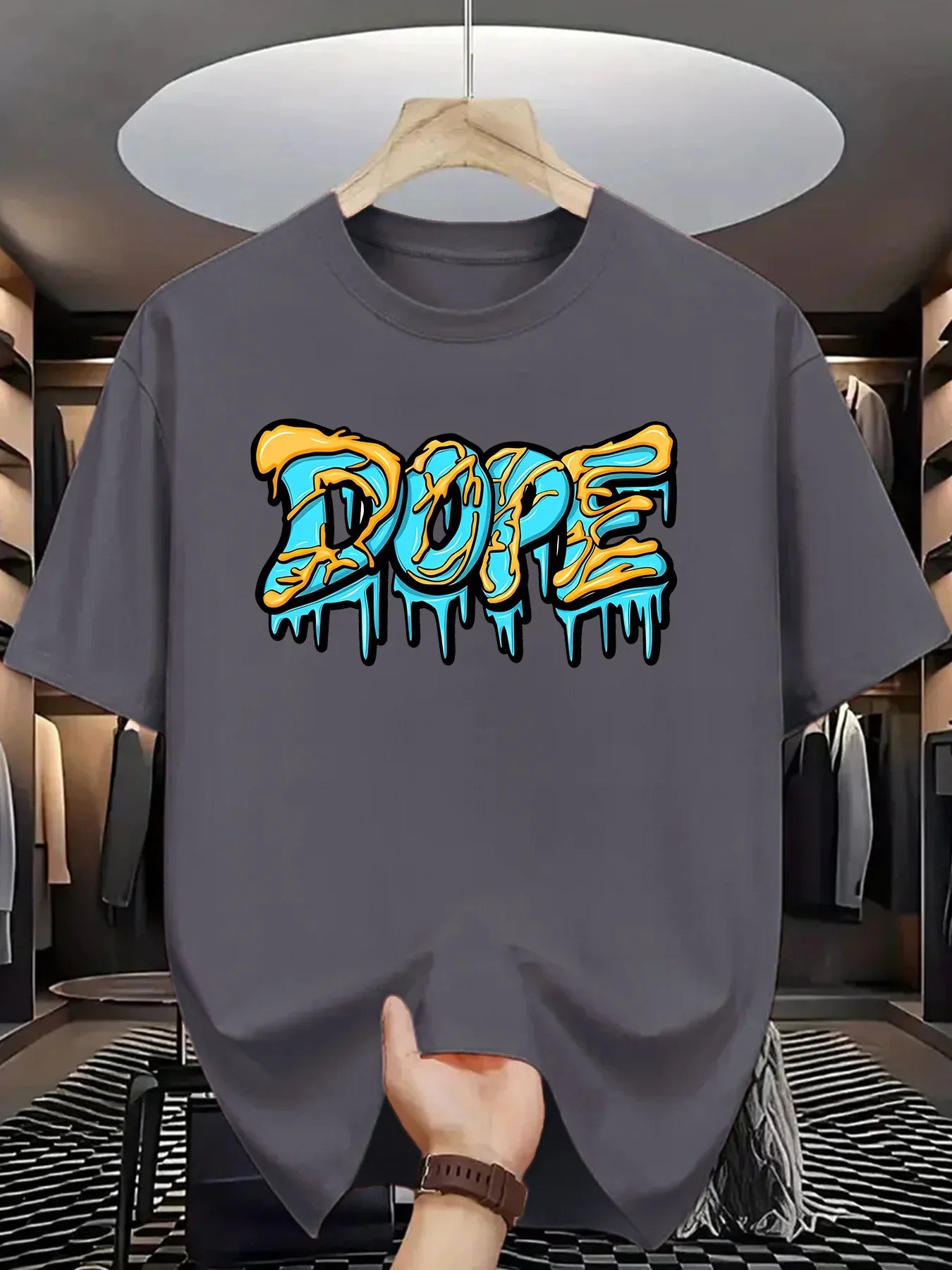 Summer men's 100% pure cotton casual loose oversized fashionable creative DOPE letter printed round neck short sleeved T-shirt
