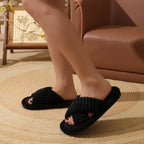 Fashion Corduroy Cross Band Home Slippers Women Autumn Winter Warm Plush Slides Woman Indoor Bedroom Soft Sole Cotton Slippers