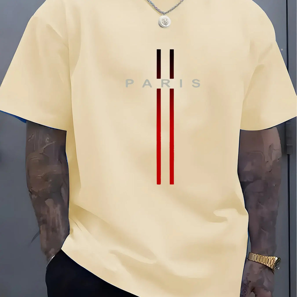 Summer men's 100% pure cotton casual loose fit plus size PARIS letter pattern printed round neck short sleeved T-shirt top