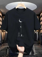 Summer men's 100% pure cotton casual loose fit plus size moon landing pattern printed round neck short sleeved T-shirt top