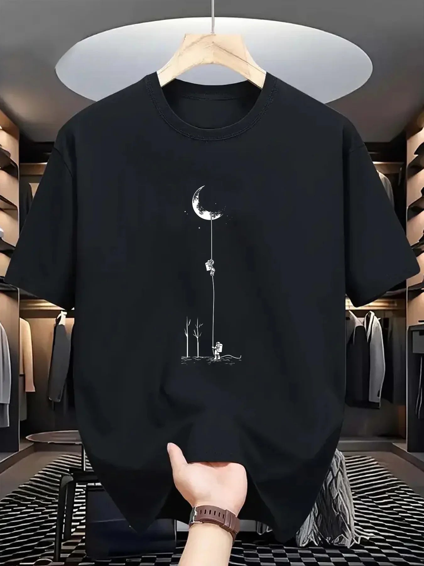 Summer men's 100% pure cotton casual loose fit plus size moon landing pattern printed round neck short sleeved T-shirt top