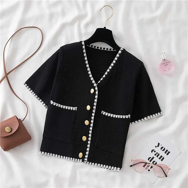 Summer Women New Solid V-Neck Casual Crop Top Single-breasted Pocket Patchwork Cardigan Versatile Loose Short Sleeve Shirts 2025