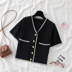 Summer Women New Solid V-Neck Casual Crop Top Single-breasted Pocket Patchwork Cardigan Versatile Loose Short Sleeve Shirts 2025