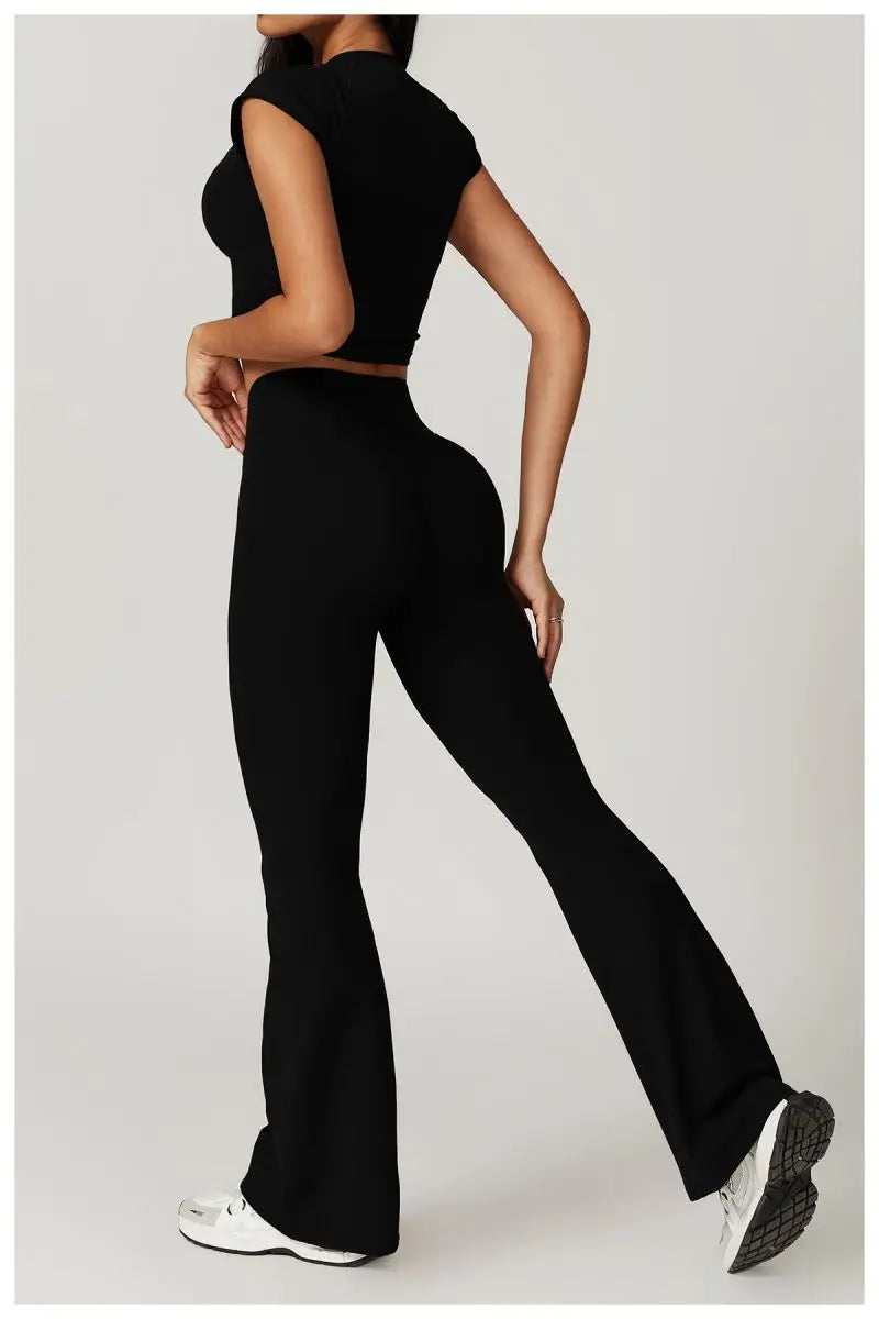 Two Piece Short Sleeve Sport Yoga Set Outfit Fitness Gym Set Workout Clothes for Women Flare Leggings Sportwear Women Tracksuit