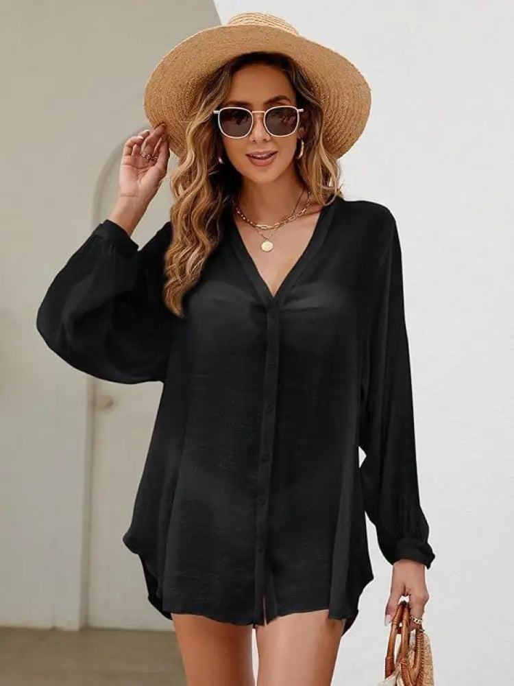 Women's Solid Color Cotton Bamboo Festival Shirt Beach Blouse Bikini Cover-Up Summer Top For Holiday Resortwear