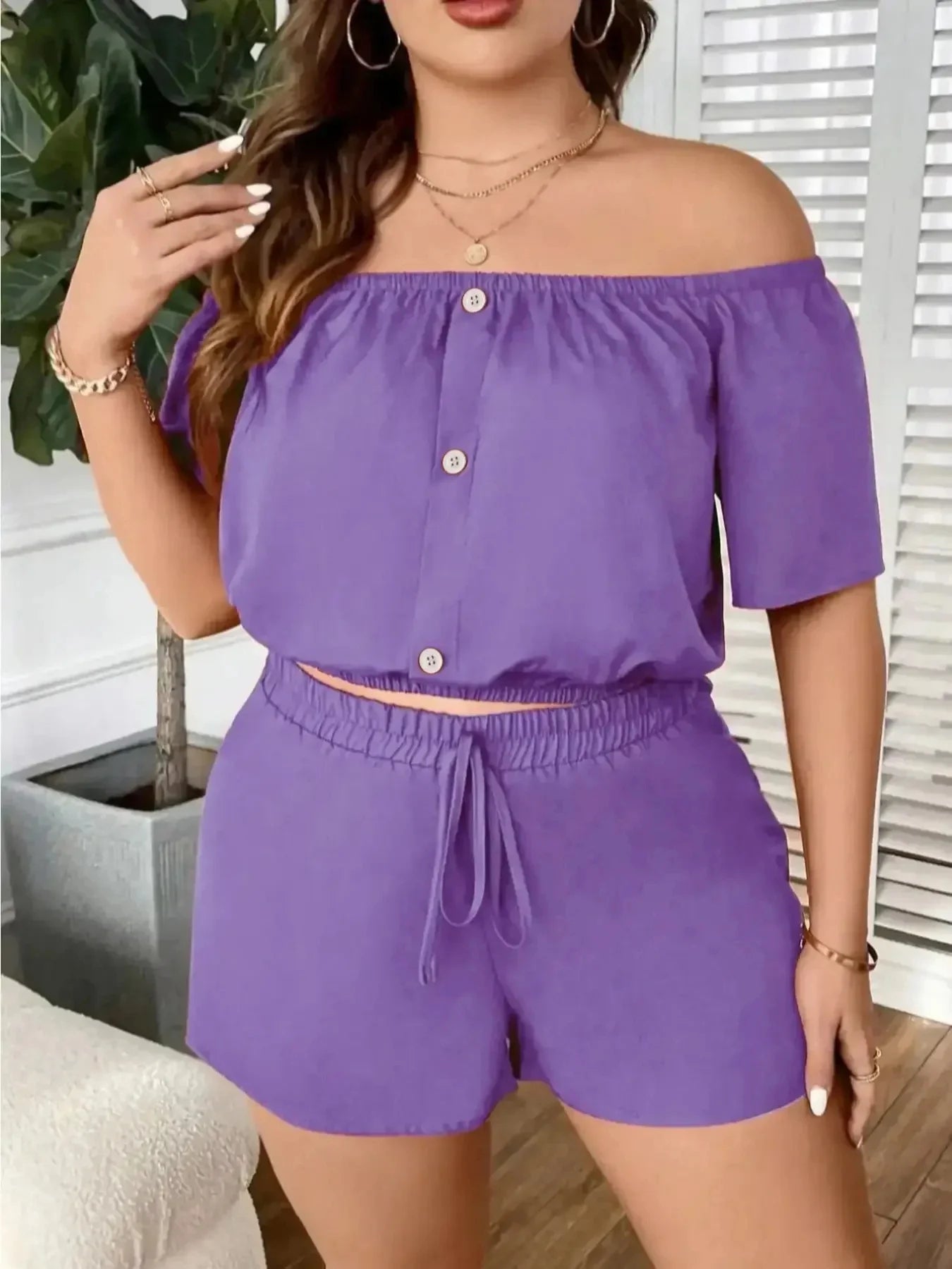 New Plus Size Women's Clothing New Casual One-shoulder Decorative Buckle Solid Colour Loose Short Sleeve Two-piece Set