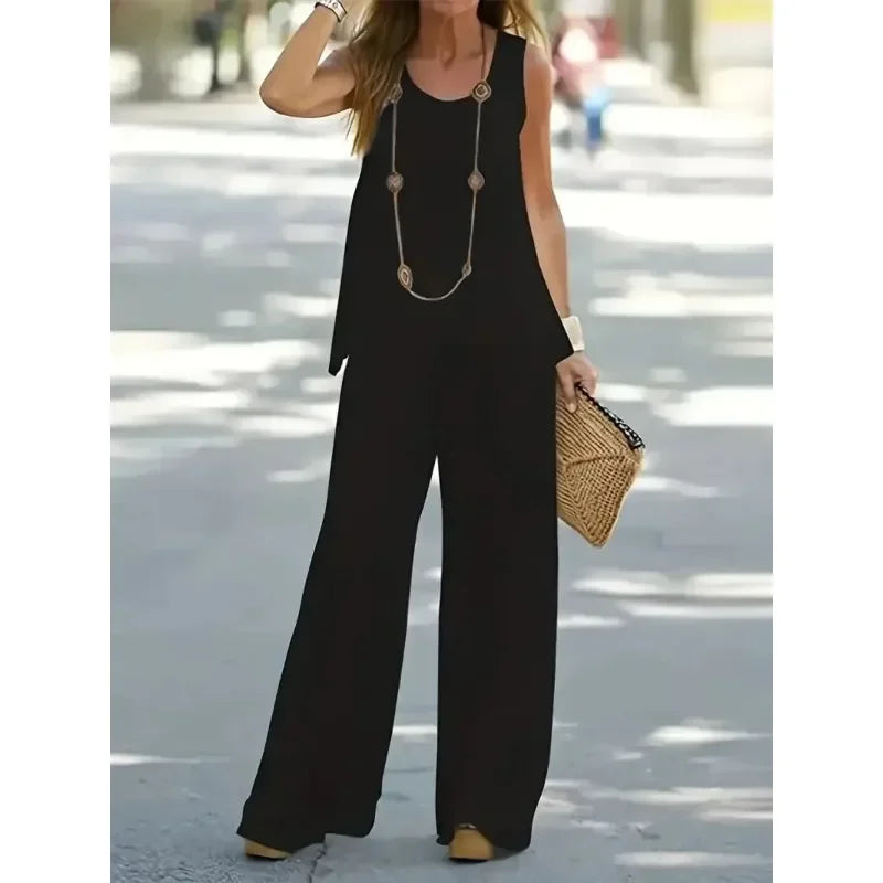 Women's1XL-8XL Plus Size Round Neck Casual Outfits Two Piece Set Solid Tank Top Wide Leg Pants Outfits 2 Piece Set