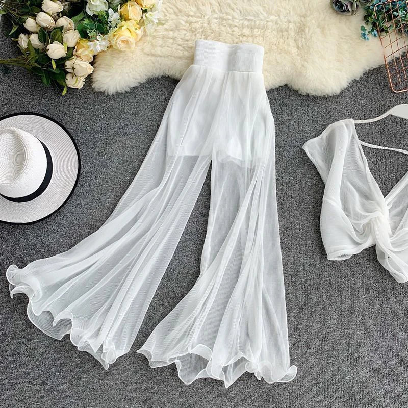 ZOKI Women Flare Pants Loose Gauze Elastic High Waist Ruffle Chiffon Ladies Trousers Fashion Black White Summer Female Pants New