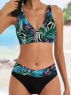 V Neck Bikini Set 2024 Women Stripe Print Patchwork Swimwear Summer Beachwear Swimsuit Female Bathers Bathing Swimming Suit 2XL