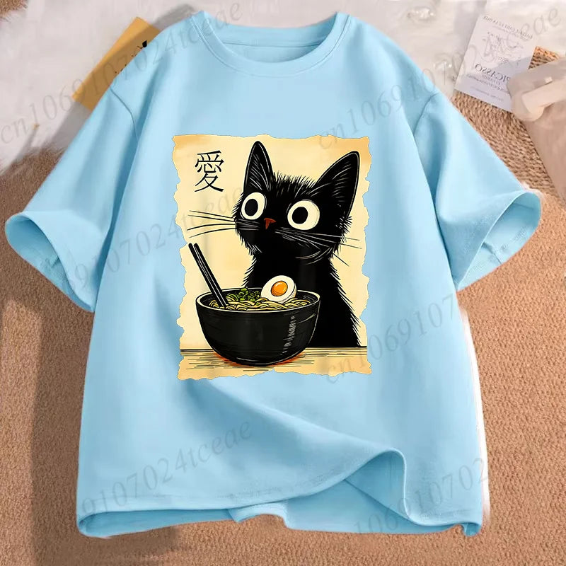Funny Cat Ramen Graphic Tee Japanese Kawaii Anime Cat T-Shirt Fashion T-shirts Short Sleeve Clothes Trend Casual Unisex Tshirts