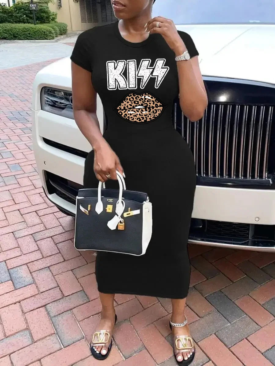 Women's Spring and Summer Fashion Casual Slimming KISS Leopard Lipprint Printed Round Neck Short Sleeve Sexy Dress