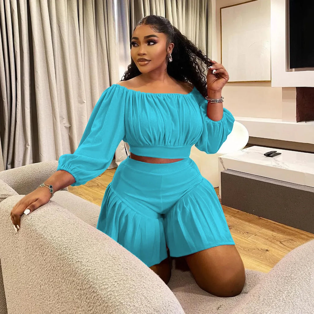 CM.YAYA Plus Size Women's Set Long Sleeve Slash Neck T-Shirt and Shorts 2025 Summer Ruched Two 2 Piece Set Outfits Tracksuit