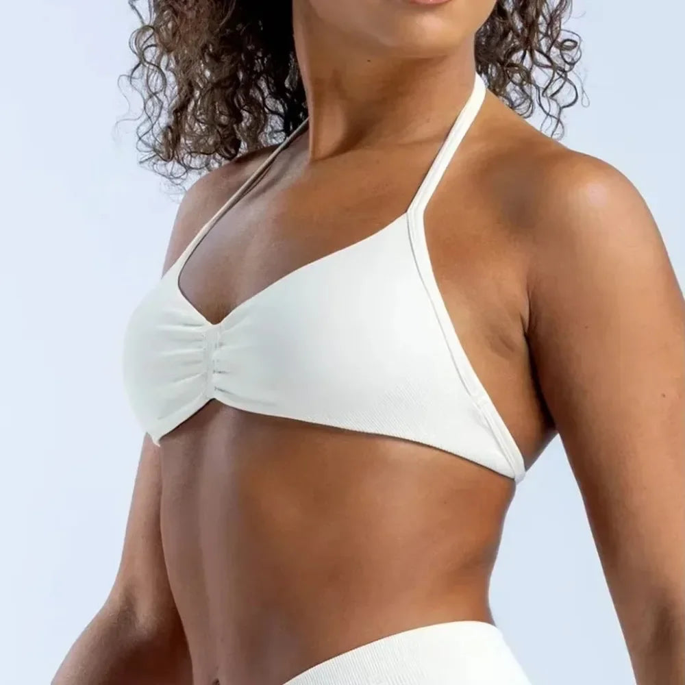 DLOGO With Logo Impact Strappy Bra Top Women High Support Impact Thin Strap Halter Sport Seamless Bras Scrunch Workout Yoga Tank