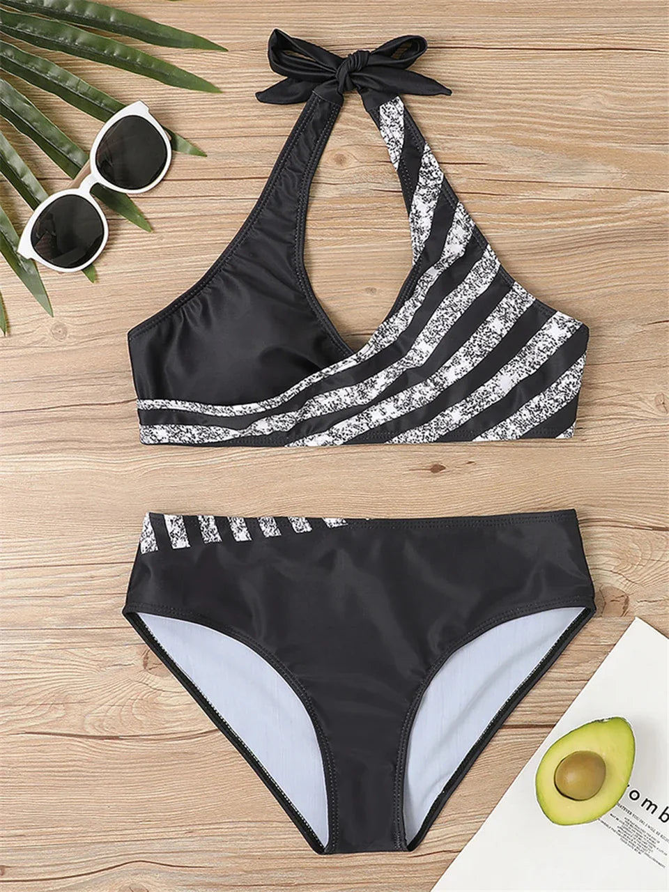 V Neck Bikini Set 2024 Women Stripe Print Patchwork Swimwear Summer Beachwear Swimsuit Female Bathers Bathing Swimming Suit 2XL
