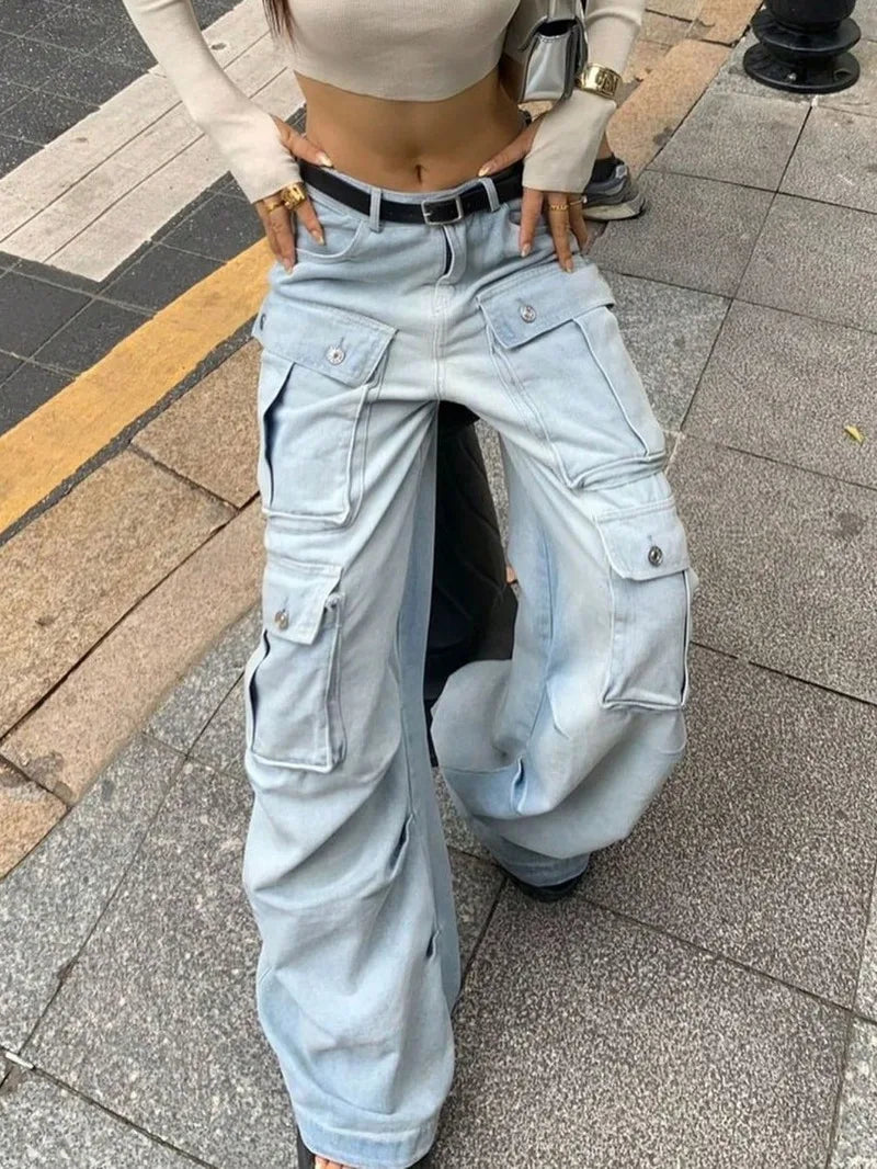 Women Harajuku Y2K Streetwear Jeans American Style Retro Multi-Pocket Straight Cargo Pants Trend Mid-waist Casual Blue Trousers