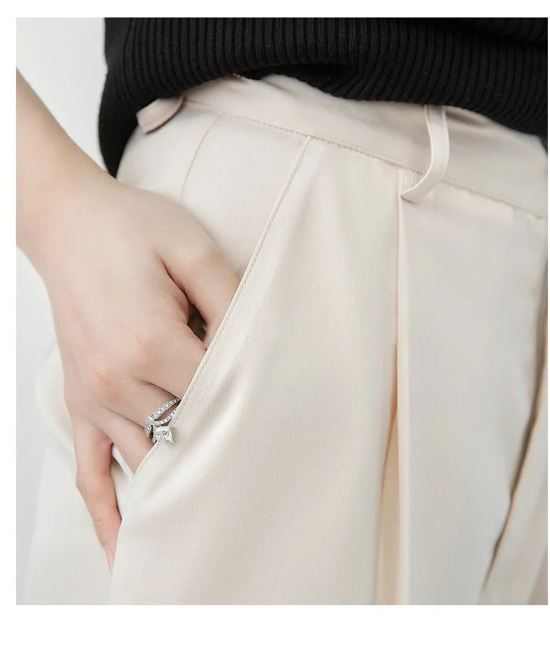 Garemay Summer Autumn Women's Pants Loose Solid Classic Black Straight High Waist Casual Silk Satin Wide Leg Trousers for Women