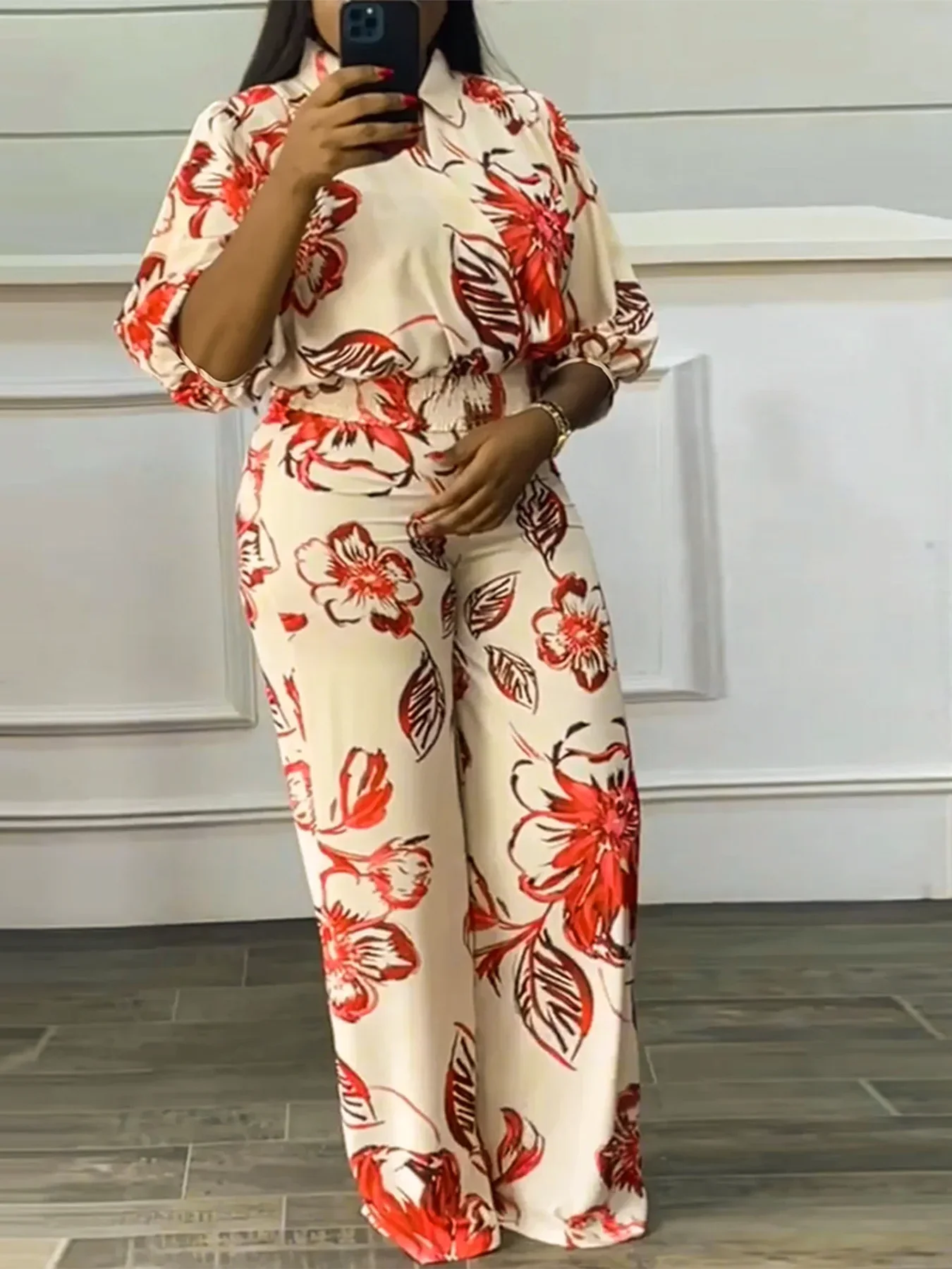 Women's Long Bottom Cross-Neck Suit, Bright  Fashion Flower Print Pattern, Waist-cinching Short Top, Plus Size, Spring  & Summer