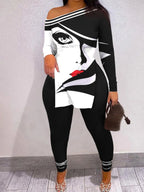 LW Plus Size Two piece set Figure Print Striped Split Pants Set One Shoulder Long Sleeve sexy women suit Streetwear Tracksuit