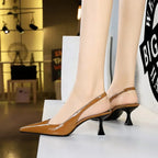Women 6cm High Heels Retro Streetwear Catwalk Sandles Lady Daily Work Slingback Strap Elastic Mid Heels Glossy Leather Sandals