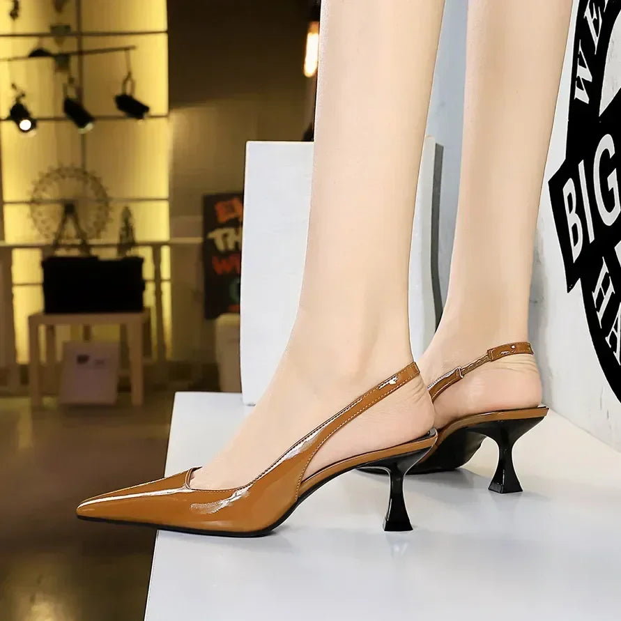 Women 6cm High Heels Retro Streetwear Catwalk Sandles Lady Daily Work Slingback Strap Elastic Mid Heels Glossy Leather Sandals