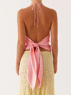 Floral Print Halter Neck Crop Top with Tie-up Detail and Open Back Sleeveless Summer Streetwear for Women