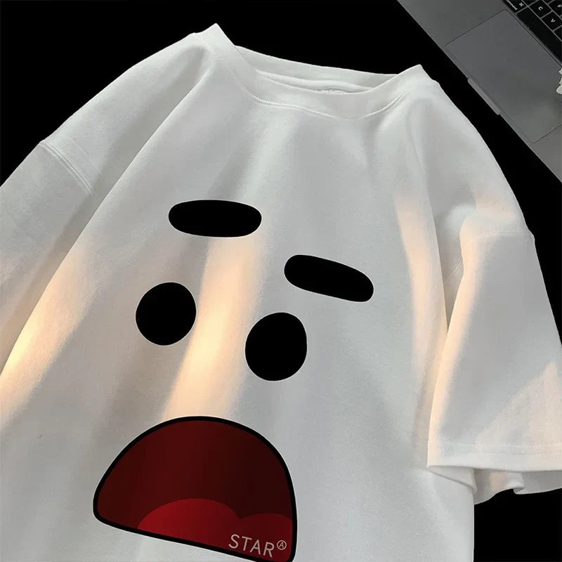 Vintage Fun Micro Expression Print Oversize T-shirt Men's High Street Fashion Cartoon Couple Short Sleeve Round Neck Top