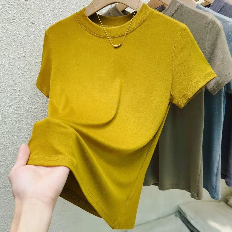 Women's Elastic Crew Neck T-Shirt Solid Ribbed Tops Pink Short Sleeve Tight Bottom Basic Shirt Casual Sexy Slim Summer Tops Tee