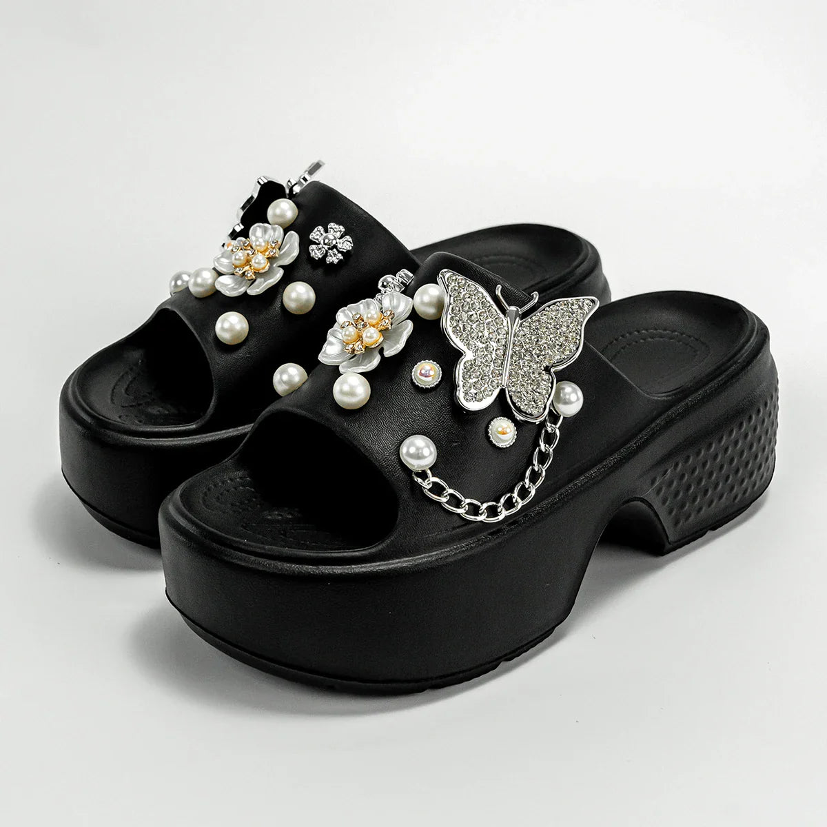 Fashionable Silver Butterfly Flower One-Line Sandals Outdoor Thick-Soled Heightening Sandals E20