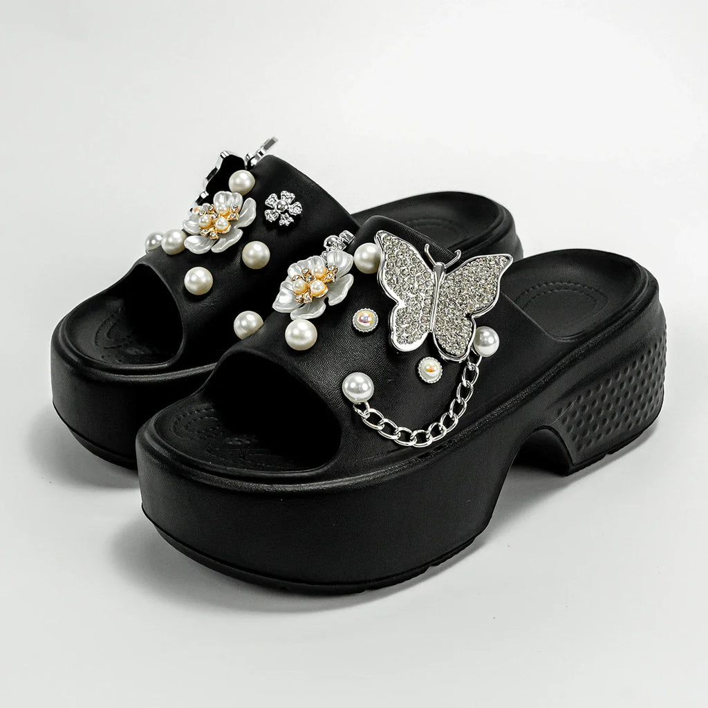 Fashionable Silver Butterfly Flower One-Line Sandals Outdoor Thick-Soled Heightening Sandals E20