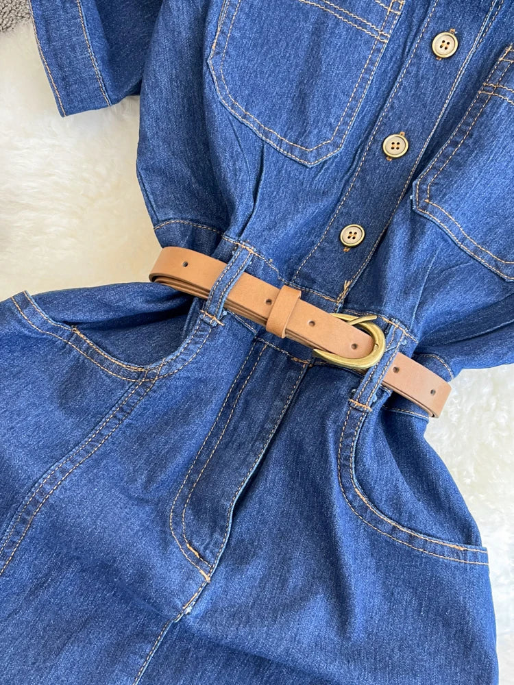 XFPV Women's Sweet Short Denim Dress For Women  Belt Slim Short Sleeved Vestidos Korean Fashion Spring Summer 2025 SM11153