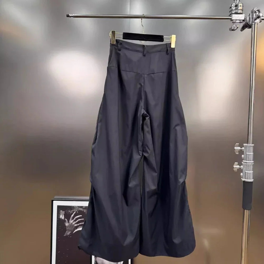 VGH Hit Color Pearl Printed Wide Leg Pant for Women High Waist Spliced Pockets American Streetwear Floor Length Trousers Female