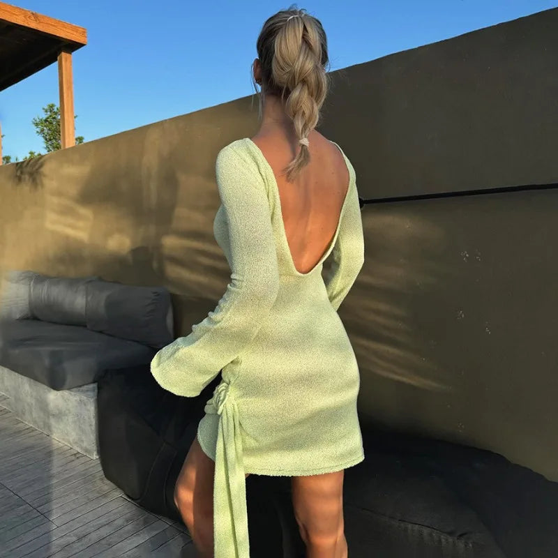 TARUXY Backless Sexy Knitted Dresses Women's Floral Lace Up Irregular Splice Slim Evening Mini Dress Autumn Elegant Long Sleeve