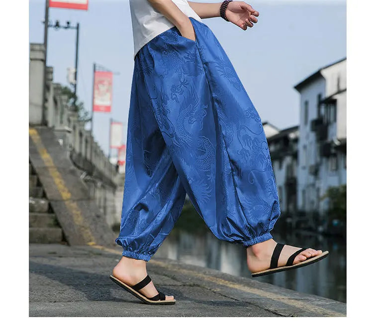 FGKKS 2023 Outdoor Brand Pants For Men Lce Silk Dragon Dark Flower Loose Bloomers High Quality Wide Leg Casual Trousers Male