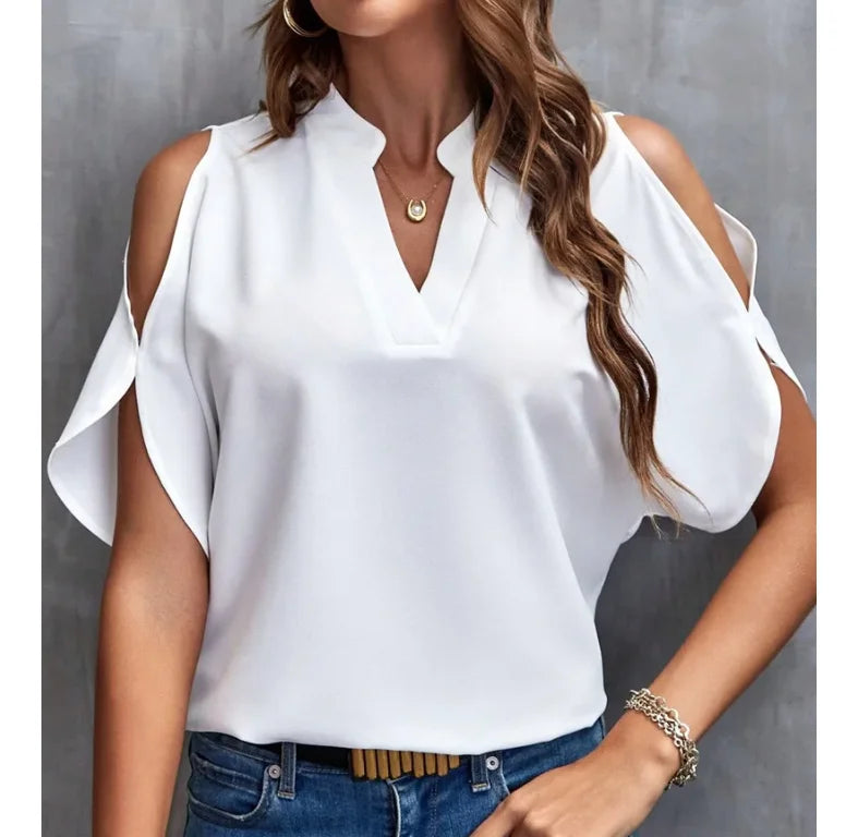 Large Size new summer and autumn women's blouse shirt   fashionable V-neck Solid Tops Short sleeved women's clothing