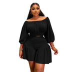 CM.YAYA Plus Size Women's Set Long Sleeve Slash Neck T-Shirt and Shorts 2025 Summer Ruched Two 2 Piece Set Outfits Tracksuit
